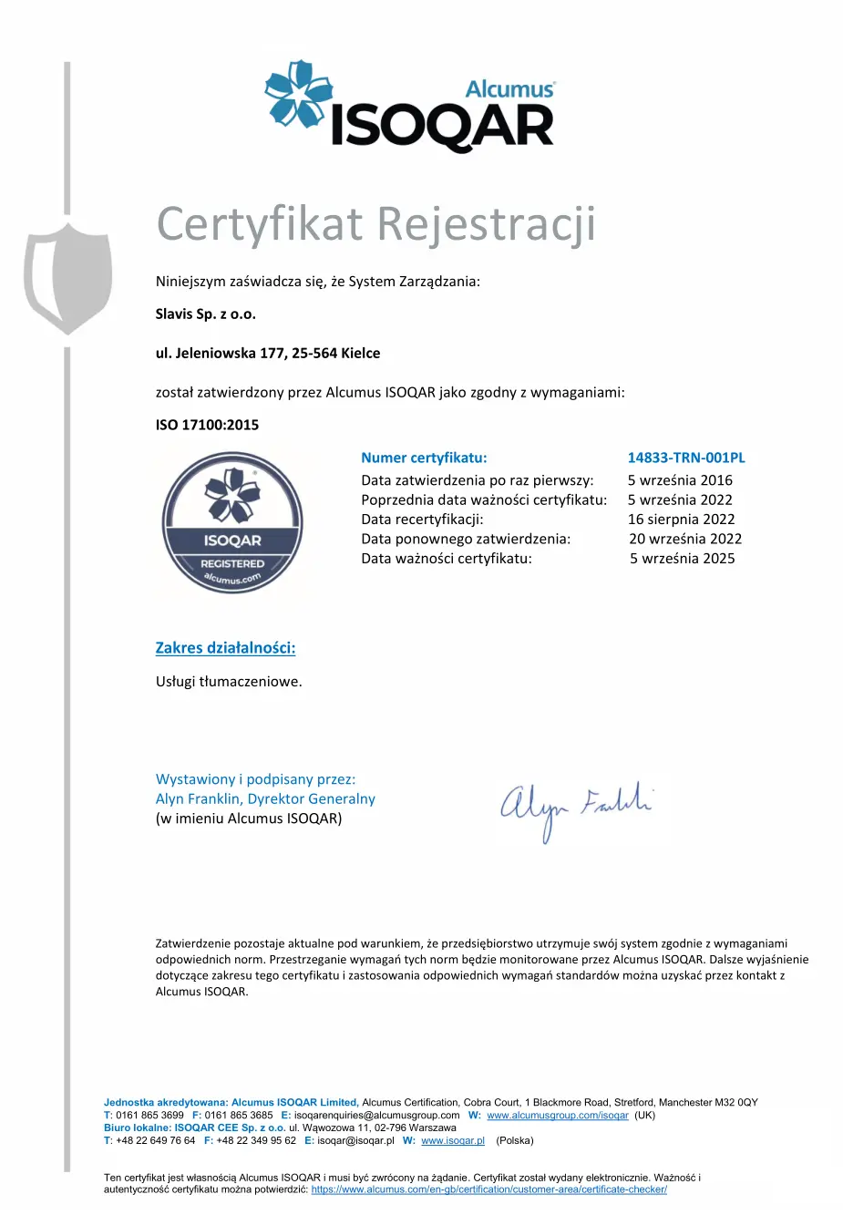 Slavis Usługi Tłumaczeniowe Certyfikowane Normą ISO 17100:2015