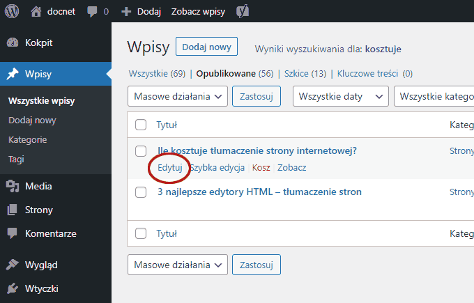 Wordpress - edycja wpisów